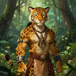 character portrait feature of the anthro male anthropomorphic jungle cat jaguar fursona wearing shaman outfit in the amazon rainforest, character design stylized by charlie bowater, ross tran, artgerm, makoto shinkai, detailed, soft lighting, rendered in octane