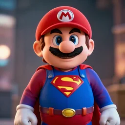 portrait of mario mario as superman in man of steel, movie still, cinematic lighting, ray tracing, octane render, long lens, shallow depth of field, bokeh, anamorphic lens flare, 8 k, hyper detailed, 3 5 mm film grain