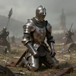 aesthetic digital illustration of a defeated helmetless knight kneeling on the battlefield, by anne stokes | dirty and bloody, character concept, concept art, unreal engine, finalrender, centered, deviantart, artgerm