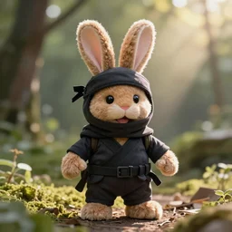 a photo of a little brown bunny muppet plush out in nature and wearing a ninja outfit, photorealistic, photography, ambient occlusion, god rays, rtx, national geographic