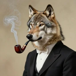 portrait of a singular aristocratic wolf!!!!!!!! wearing a tuxedo and smoking an old pipe, in style of ida rentoul outhwaite, closeup, isolated on a textured background