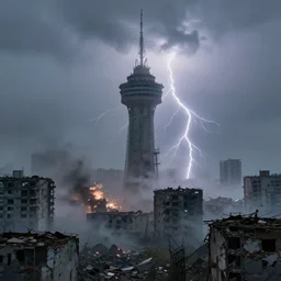 a destroyed 1 9 0 0 city with a big tower in the middle covered in mist, lightning bolts hitting and exploding the buildings, by michal karcz, gray and blue lighting