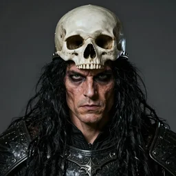 portrait of a young clancy brown with long tangles of black hair wearing a skull helmet, cruel, ruthless, megalomaniacal, brutal, remorseless, savage eyes, wearing a black armor, hyper realistic face, majestic, fantasy art, in the style of greg rutkowski, intricate, alphonse mucha, hyper detailed, smooth
