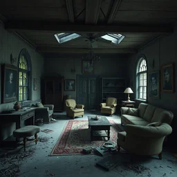 the interior of an abandoned house with furniture and everything in deterioration, style artstation, style greg rutkowsk, comic art book,, octane render, unreal engine 6, epic game graphics, fantasy, post - apocaliptic, ray tracing