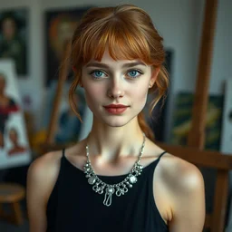 a portrait photograph of a crazy young woman painter in her studio, wearing a black dress and silver necklace, copper hair, dof, sharp focus, slight smile, pale, highly detailed face, symmetric face, 4 k, cinestill 8 0 0 t, exif, raw, photography by andreas franke