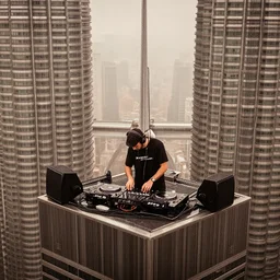 ATB DJ playing music on top of the twin towers, brown color filter, rainy day