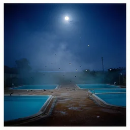 swarm of birds, vintage swimming pools, fog, moon rays through the fog, night sky, yellow stars, deep blue mood, contemporary archival color photograph print from the original negative, by stanley kubrick