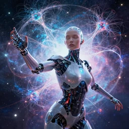 woman cyborg letting go of reality and experiencing the quantum feild, matte painting comic book art, cinematic, highly detailed, realistic, beautiful cosmic neural network, octane render, unreal engine, depth of field, trending on artstation, sharp focus, philosophical splashes of colors