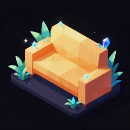 isometric object is a low poly isometric sofa with an alien aesthetic inspired by pandora in the avatar movie, it has bioluminescent plants growing around it, cartoonish style but with beautiful orange - yellow with blue hints and it's bedecked with some sparkling crystals. a dark place, night isometric ambient black background neon.