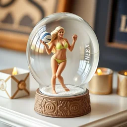 snow globe on mantel has a beautiful blonde female beach volleyball player in bikini holding volleyball inside, depth of field, amazing gift