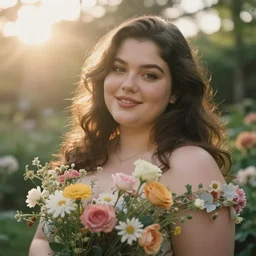 buxom brunette beauty, dreamy, hazy, in an arboretum, dressed in flowers, smiling at the camera, sunset, macro, directed by a japanese studio