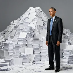 obama nervously standing next to a mountain made of papers, photo, intricate, portrait, 8 k highly professionally detailed, hdr, cgsociety