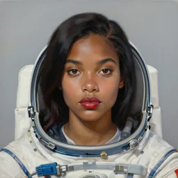 a portrait of a very BIPOC beautiful woman in a spacesuit, brown eyes, shoulder-length black hair, red lips, bored, illustration, soft lighting, soft details, painting oil on canvas by mark arian by artgerm, trending on artstation, 4k, 8k, HD