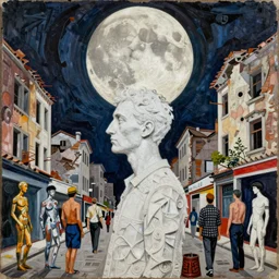 decollage painting old white - headed man under the huge moon on a street of ruined city by adrian ghenie and takato yamamoto and austin osman spare and edward hopper and mark ryden and tsutomu nihei, very coherent, baroque elements, perfect anatomy, intricate design. pop art.