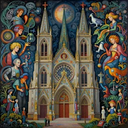 intricate detailed psychedelic painting of the church, by beksinski, james gurney, lisa frank, dan luvisi, petros afshar, tim hildebrandt, liam wong, mark riddick, thomas kinkade, giger, dan mumford, trending on artstation, josephine wall, wlop