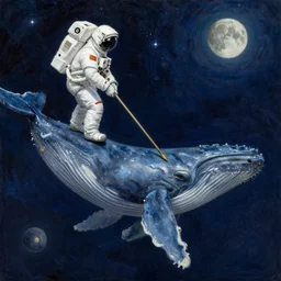 an astronaut hunting a blue whale in space using a spear, oil painting