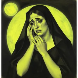dayglo yellow, fantastic planet loose, blocks by alfred augustus glendening. this illustration was painted in 1 9 3 7 during the guerra civil espanola. the woman in the illustration is weeping. she is wearing a black dress & a black veil. her face is distorted by grief. the illustration is dark & somber.