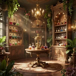 the interior of a multi level potions shop, occult shop, magic shop, : : luxury, aesthetic, beautiful, beautiful lighting, sunbeams, extravagance, opulence, luxuriousness, plants, flowers, nature, : : ufotable studio art style, autodesk 3 d rendering, v - ray collection, maverick studio, arnold 3 d render, blender render, indigo renderer