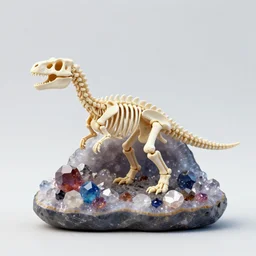 mini dinosaur skeleton inside a geode of multi-colored crystals