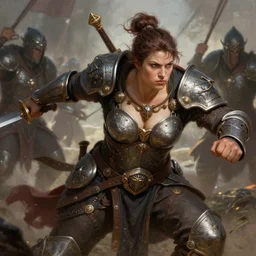 powerful female dwarven warrior charging into battle, short robust chubby strong figure, action scene, dungeons and dragons, donato giancola, jeff easley, soft lighting, sharp focus, intricate