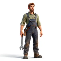 rugged plumber with wrench, detailed 3d character render, full body, standing, isolated on a pure white background, centered, whole figure in frame, sharp focus, studio lighting