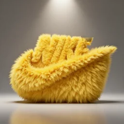 nike logo made of very fluffy yellow faux fur placed on reflective surface, professional advertising, overhead lighting, heavy detail, realistic by nate vanhook, mark miner