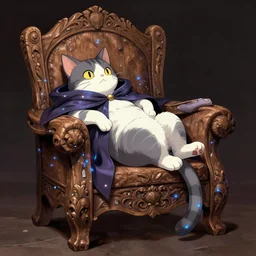 anime cat with cloak laying on a magical wood carved chair, super powers, glowing tiny blue lines, concept art, by greg rutkowski, overdetailed art