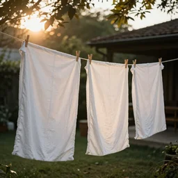white linens hanging from a clothes line in a backyard, golden hour, by Edward Hopper