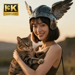 Smiling sorceress holding a tabby cat, wearing a winged helmet. Skinny asian woman with short-cut shoulder length hair, wearing a winged helmet.  Art by William-Adolphe Bouguereau. During golden hour. Extremely detailed. Beautiful. 4K. Award winning.