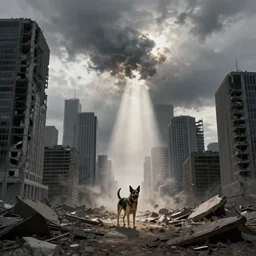 god rays illuminating a dog in a destroyed modern city, nuclear explosion in background!!, award winning, cloudy sky, pictorialism, low saturation!, skyscraper, nuclear fallout