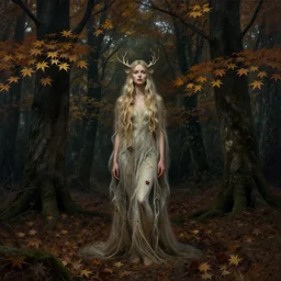 portrait of a dryad in a shadowy forest of autumn maples by brian froud and jessica rossier dark mysterious -