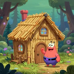 a cartoonish cute anthropomorphic Mr Krabs is near a house made of only straws in a mystical forest full of wonders, pine trees, magical atmosphere, trending on artstation, 30mm, by Noah Bradley trending on ArtStation, deviantart, high detail, stylized portrait H 704