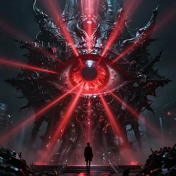a huge chaos dark eldritch monument of a giant eye with red ray traced light and corruption by WLOP and tony sart and bekinski, god rays, fantasy art, 4k, HDR, photorealistic, 8k, trending on artstation