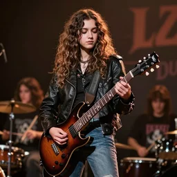 1 9 - year - old girl with wavy long hair, wearing black leather jacket and denim jeans, holding electric guitar, stoner rock, doom metal, concert, live concert footage