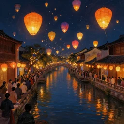 paper lanterns glowing in many colors floating above a river canal at night, crowd watching. beautiful digital detailed landscape painting, matte painting trending on artstation