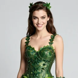 A beautiful portrait of Flavia Lucini smiling as Poison Ivy from Batman as a D&G fashion model Spring/Summer 2018, highly detailed, in the style of cinematic, Milan fashion week backstage, Extreme close up, Makeup by Pat McGrath, Hair by Guido Palau, Greg rutkowski