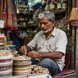 hyperdetailed photograph of a calcutta shop owner