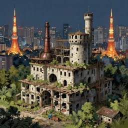 a beautiful very detailed illustration of industrial architecture nature unfinished building city urbex architecture abandoned building castle by martin johnson heade, vice city nightsky tokyo, archdaily, wallpaper, highly detailed, trending on artstation.