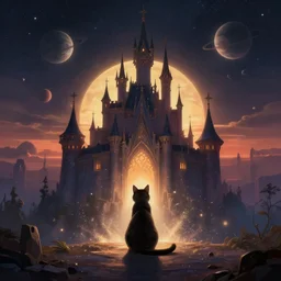 a cat in the magic castle ， magic light dust, sunrise horizon, planets, intricate. symmetrical. dim lighting, unreal engine 5, concept art ， by greg rutkowski, loish, highly rendered, digital painting, artstation, artstation hq, mysterious toplight 8 k
