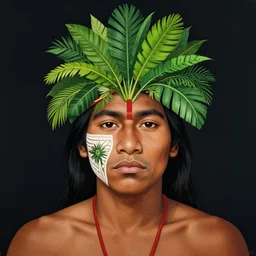 a male tupi guarani warrior portrait, tropical plants covering the top part of his face, art by marco mazzoni, dark background, asymmetrical