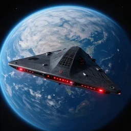 a black triangular spaceship with red lights hovering over a planet