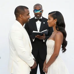 kanye west and aquaman getting married, the minister is a fish, kanye is wearing a white suit, romantic, realistic