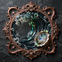 art nouveau cresting oil slick waves, hyperdetailed bubbles in a shiny iridescent oil slick wave, black opal, abalone, paua shell, ornate copper patina medieval ornament, rococo, oganic rippling spirals, octane render, 8 k 3 d