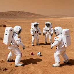 a team of astronauts playing football on mars. highly photo realistic