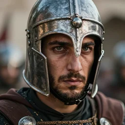 beautiful portrait shot of a battle scared man based in medieval turkey, chrome helmet, detailed features, piercing detailed realistic eyes, nikon z 9, 5 0 mm, uhd