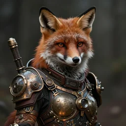 realistic detailed portrait of fox warrior, tech warrior, steampunk, post apocalyptic, gritty, art nouveau, victorian, neo - gothic, gothic, character concept design