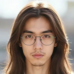 highly detailed vfx portrait of a brown long hair centre parting pretty boy with brown eyes and glasses and short goatee by hidari, wenjun lin, alphonse mucha, sakimichan, sharp focus, art by artgerm and greg rutkowski!, backlit, harsh overhead sunlight,
