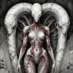 naraka buddhist demon korean female, appy female alien, tubular creature, blood vessels, no face, dystopian surrealism, alex ries zdzisław beksinski, giger, symmetrical long head, smooth marble surfaces, smooth marble surfaces, detailed ink illustration, detailed ink illustration, raiden metal gear, cinematic smooth stone, deep aesthetic, concept art, intricate