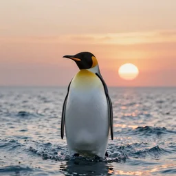 big penguin in the middle of the sea, sunset, 4k, sharp, detailed