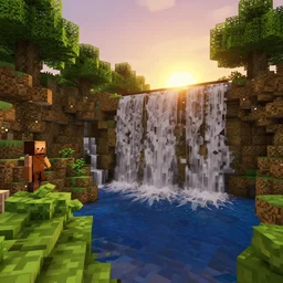 minecraft RTX of a waterfall and a sunset